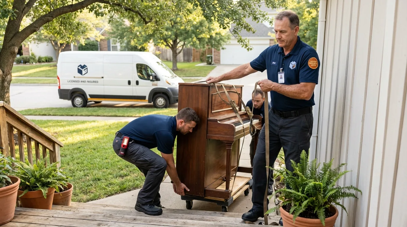 Licensed piano movers securing grand piano in Los Altos, CA