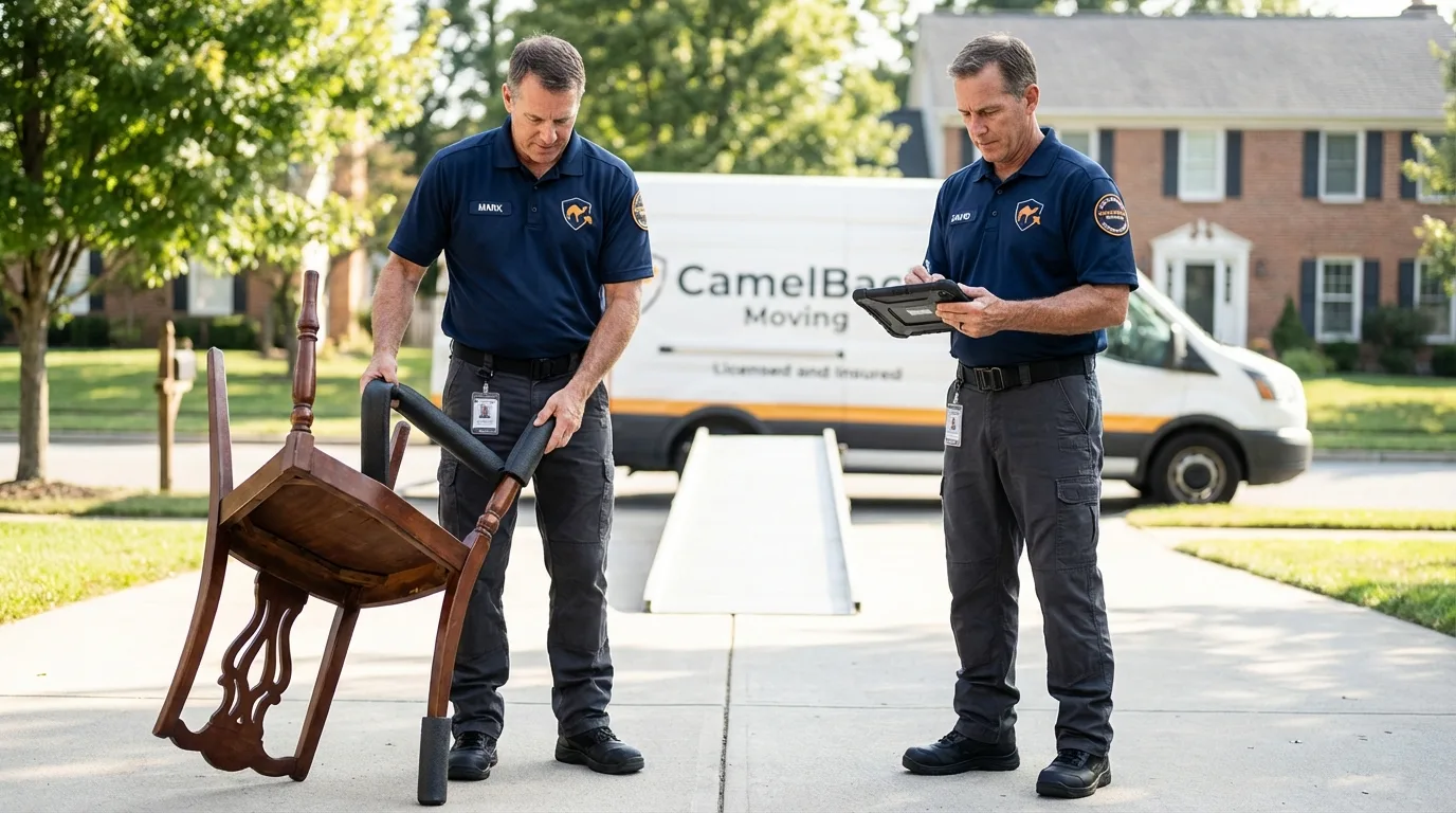 Movers inspecting furniture for damage prevention before loading in Los Altos, CA