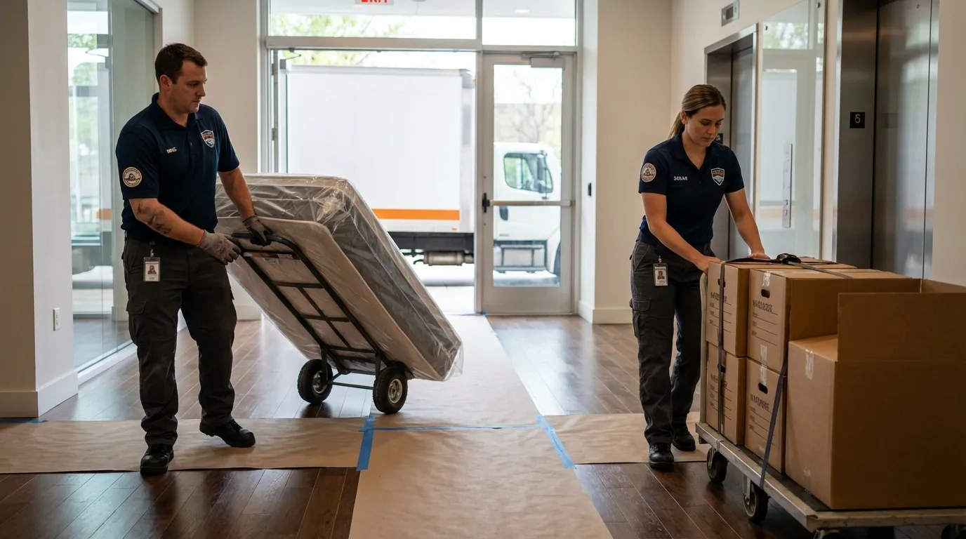 Professional apartment movers loading elevator in Los Altos, CA